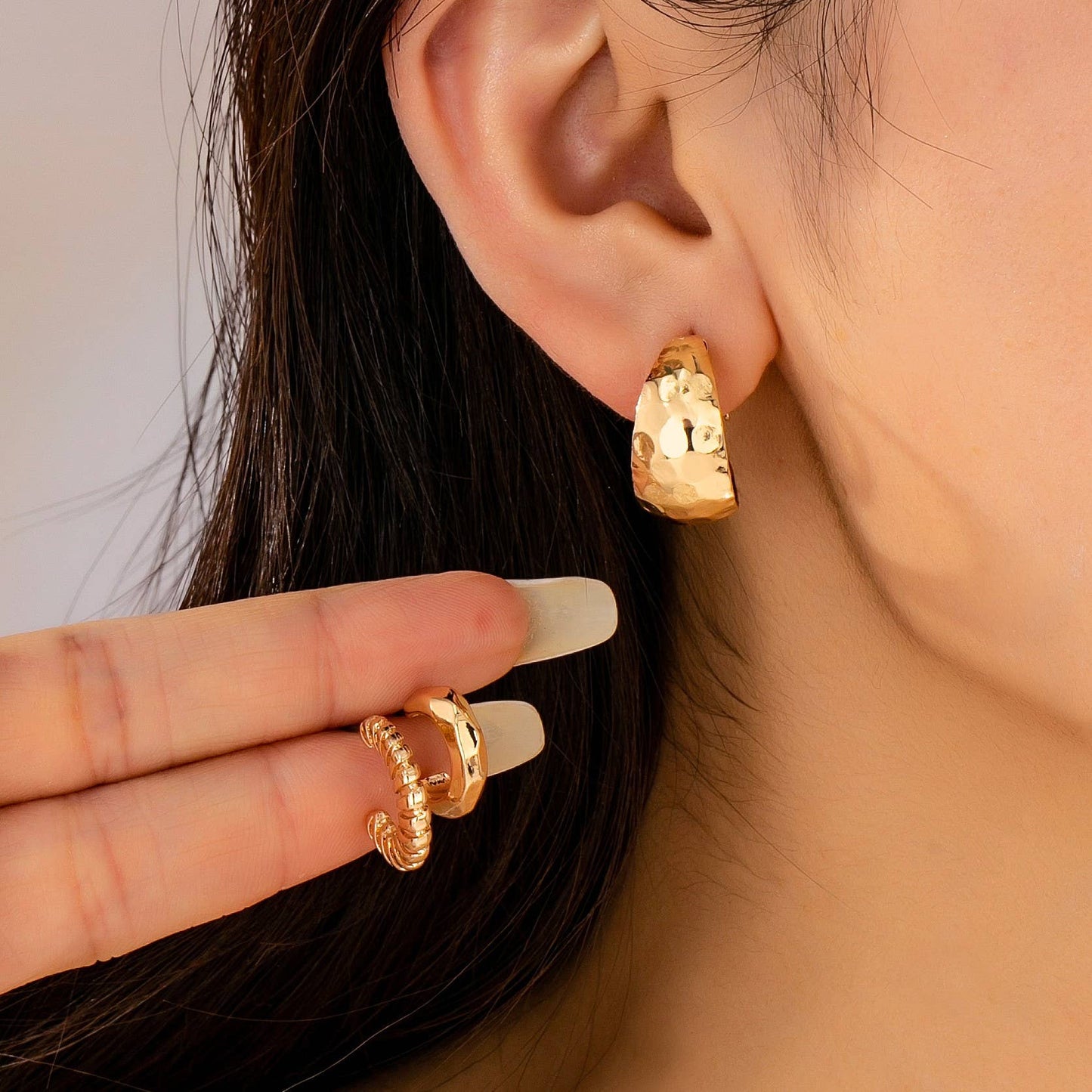 Mixed Texture Gold Crescent Hoop Trio Earring Set